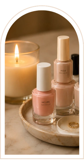 Cozy beauty essentials on marble flat lay