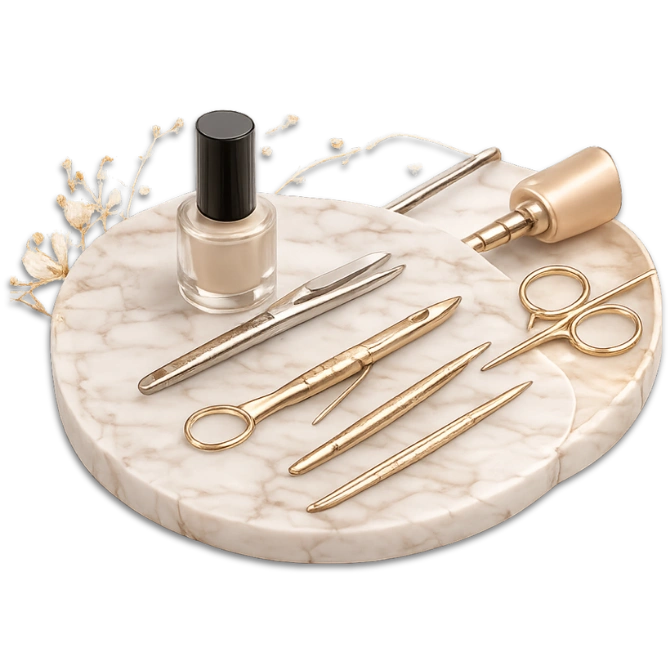 Elegant nail care tools on marble tray